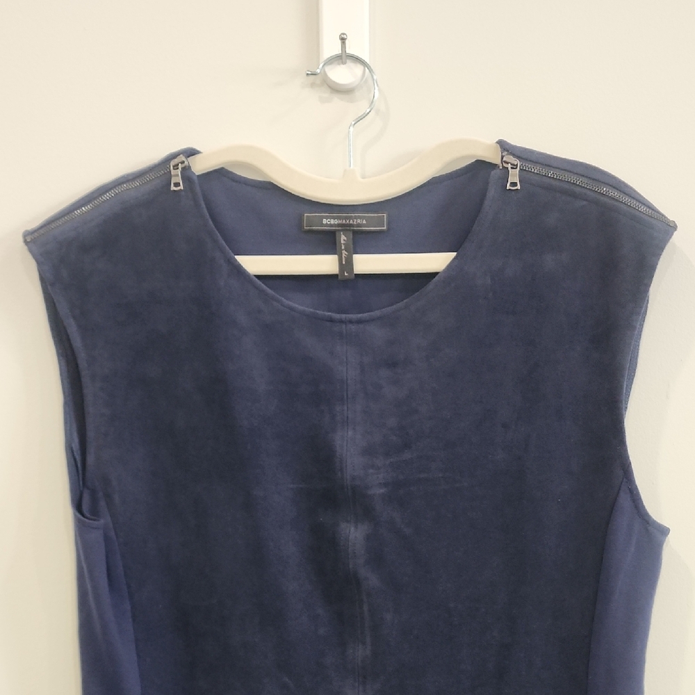 BCBGMaxAzria Navy Blue Suede Dress With Shoulder Zippers, Size L